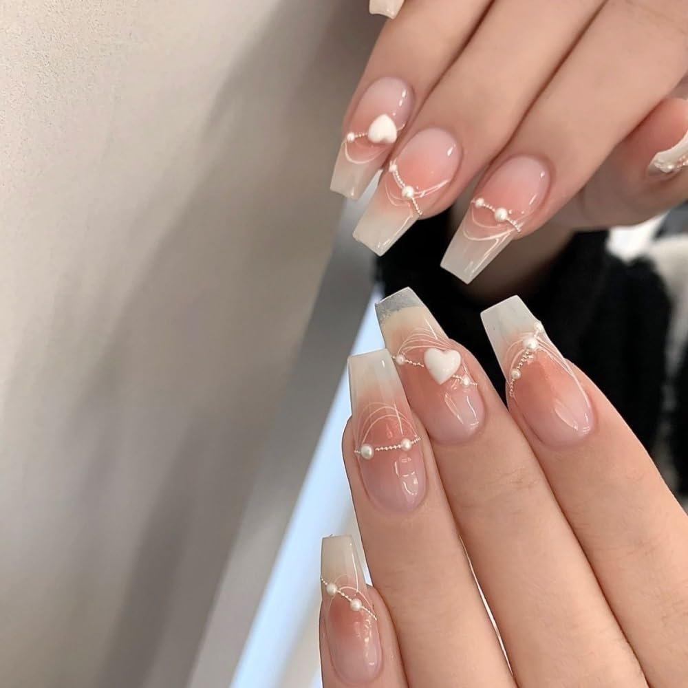 Hand wear nail pearl love false nail powder blusher nail(Size:S)