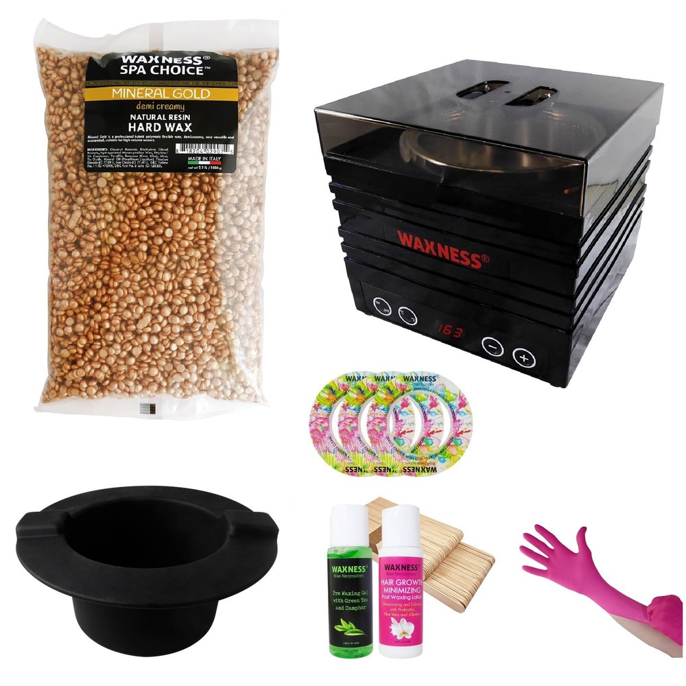 Waxness Spa Choice Mineral Gold Stripless Waxing Kit with 2.2 LB Wax Bag, Warmer W-CUBE Black Digital 1 lb and Black Non-Stick Easy Clean Silicone Bowl
