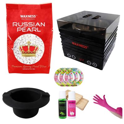 Waxness Russian Pearl Stripless Waxing Kit with 2.2 LB Wax Bag, Warmer W-CUBE Black Digital 1 lb and Black Non-Stick Easy Clean Silicone Bowl