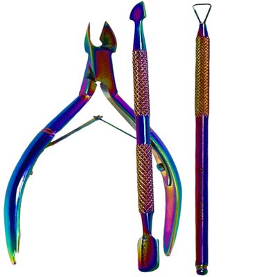 Professional Manicure and Pedicure Set, Double-Ended with Knurled Grip, Rainbow Titanium Coated - Cuticle Pushers - Premium German Stainless Steel (3PK - Cuticle Pusher+Trimmer Pliers+Scrapper)
