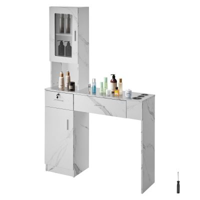 VEVOR Salon Station, Wall Mount Barber Salon Station for Hair Stylist, Beauty Spa Furniture Set, 1 Storage Cabinet, 3 Cubbies and 2 Drawers(One Lockable), White