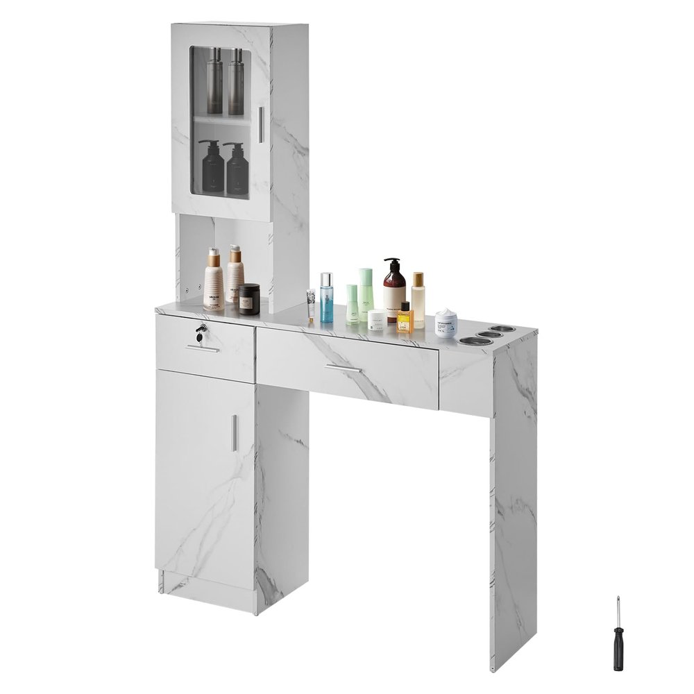 VEVOR Salon Station, Wall Mount Barber Salon Station for Hair Stylist, Beauty Spa Furniture Set, 1 Storage Cabinet, 3 Cubbies and 2 Drawers(One Lockable), White