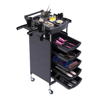 Salon Trolley, 6 Tiers Beauty Salon Trolley with Handle+Rolling Wheels, 5 Drawers and 2 Hair Dryer Holder Side Tray for Beauty Salons, Barber Stores, Hospitals, and Health Centers, Black