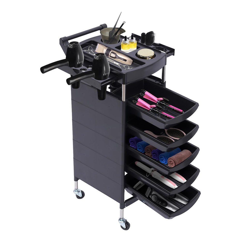 Salon Trolley, 6 Tiers Beauty Salon Trolley with Handle+Rolling Wheels, 5 Drawers and 2 Hair Dryer Holder Side Tray for Beauty Salons, Barber Stores, Hospitals, and Health Centers, Black