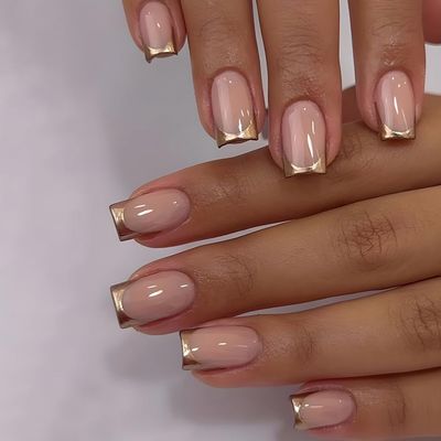 CEWEWP Gold French Tip Press on Nails Medium Fake Nails Square Shape False Nail Tips Full Cover Glue on Nails Nude Pink Medium Length Square Shape French Tip Nails Press ons for Finger Manicure, 24Pcs