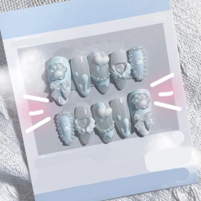 Handmade nail art cute bow cat claw wearing nails(Size:L)