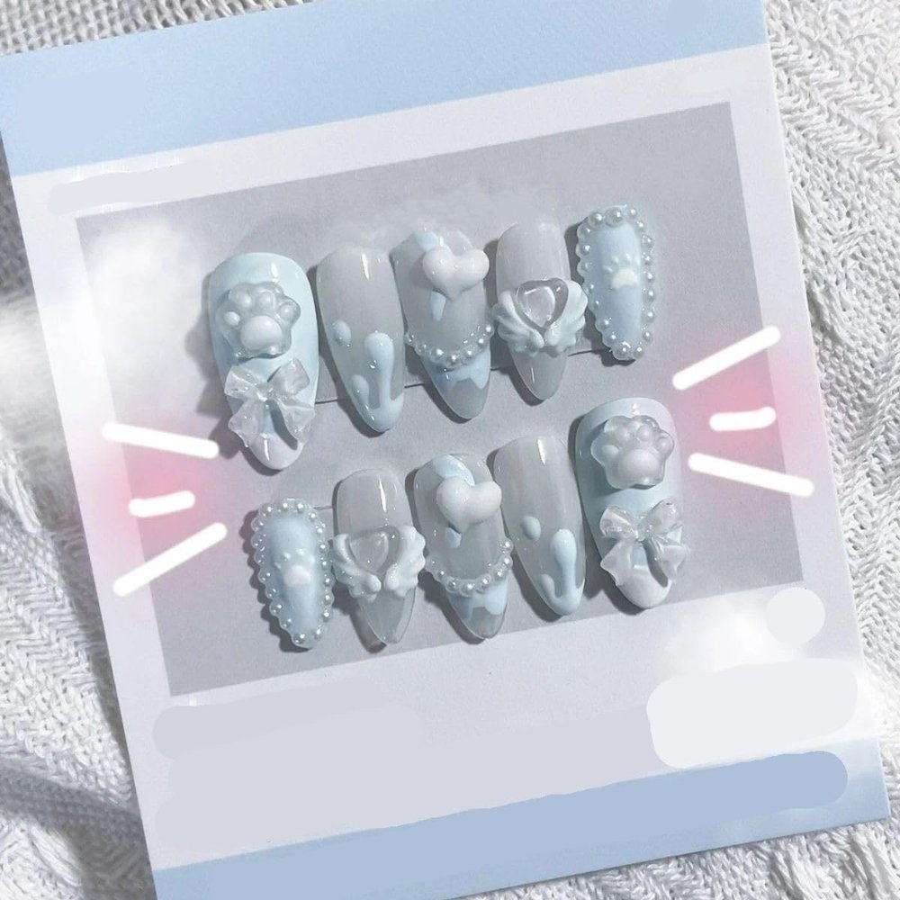 Handmade nail art cute bow cat claw wearing nails(Size:L)