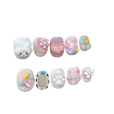 Handmade nail powder for wearing, pink cute nail patches(Size:L)