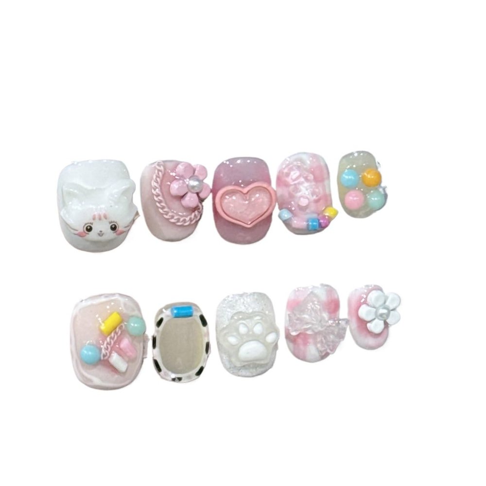 ZIIVIEVS Handmade nail powder for wearing, pink cute nail patches(Size:XS)