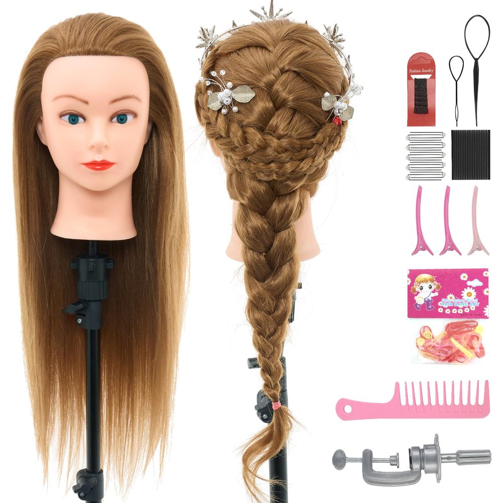 28Inch 80% Real Hair Mannequin Head, Cosmetology Mannequin Head with Hair for Braiding Curling Cuting, Table Clamp Styling Set(Blonde)