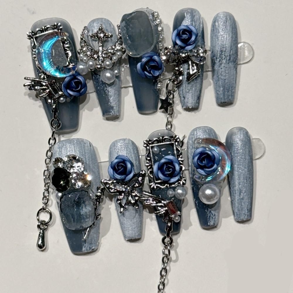 Handmade Nail Wearing Heavy Industry Nail Flashing Rose Spicy Girl Nail Removable False Nails(Size:S)