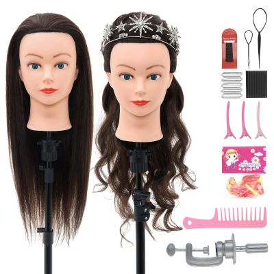 28Inch 80% Real Hair Mannequin Head, Cosmetology Mannequin Head with Hair for Braiding Curling Cuting, Table Clamp Styling Set(Dark Brown)