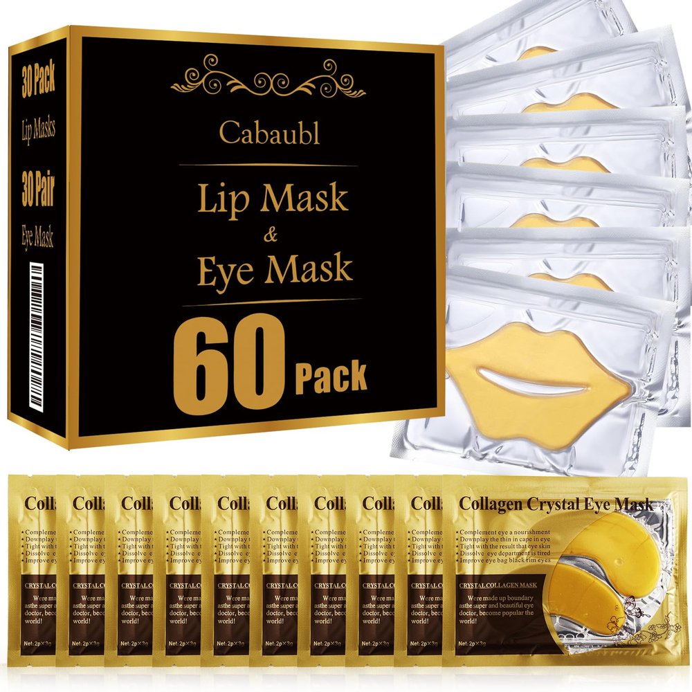 Cabaubl 60 Pcs Moisturizing Lip & Eye Masks,Gold Lip Masks,Gold Under Eye Patches for Puffy Eyes and Dark Circles,Collagen Lips Mask Sheet, Skincare for Dry Lips,Reducing Fine Lines