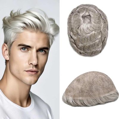 Healthlif Full Lace Toupee Human Hair Real Hairline Mens Hairpiece Hair Ssytem Bleached Knot Hair Piece For Men Protesis Capilar Mens Toupee 8X10#380#3 Dark Brown+80% Grey 100% Density