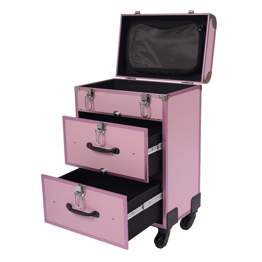 BANEBONE Professional Makeup Suitcase with Wheels, Rolling Makeup Trolley Train Case Organizer for Beauty Centers Salons and Home Large Cosmetic Storage Case with Spinner Wheels and Drawer (Pink)