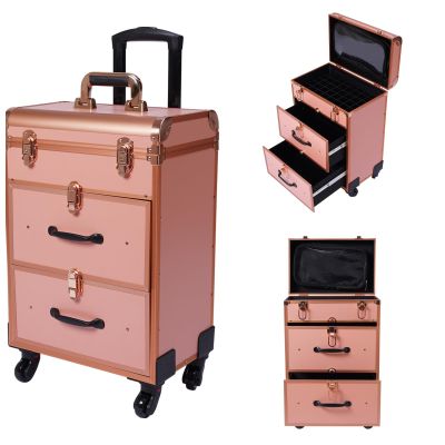 BANEBONE Professional Makeup Suitcase with Wheels, Rolling Makeup Trolley Train Case Organizer for Beauty Centers Salons and Home Large Cosmetic Storage Case with Spinner Wheels and Drawer (Gold)
