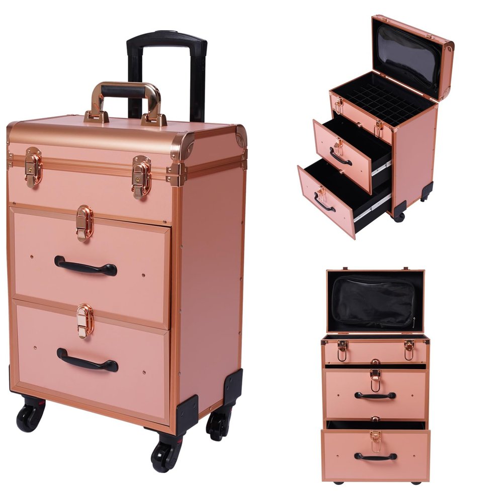 BANEBONE Professional Makeup Suitcase with Wheels, Rolling Makeup Trolley Train Case Organizer for Beauty Centers Salons and Home Large Cosmetic Storage Case with Spinner Wheels and Drawer (Gold)