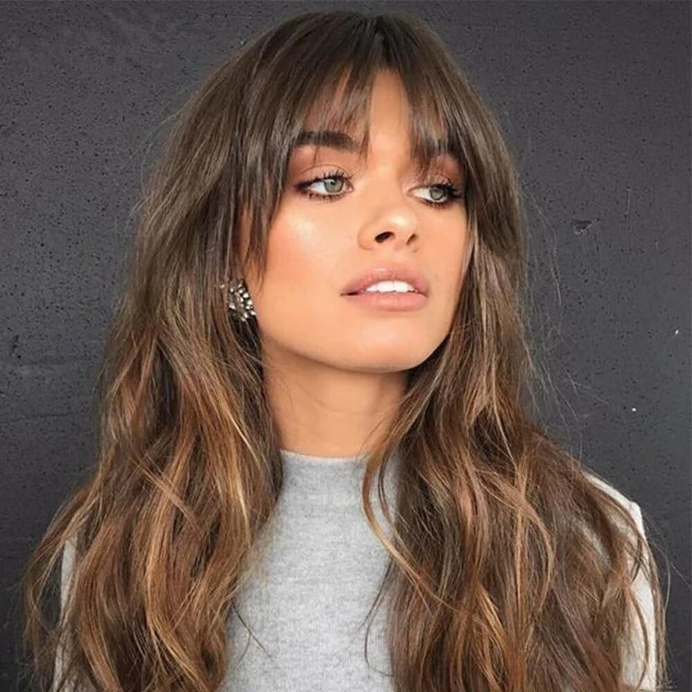 Long Brown Human Hair Wigs with Bangs Glueless Brazilian Remy Hair Ombre Brown Mixed Blonde Highlight Wig for Women 13X4 HD Lace Front Wig Long Curly Wavy Hair For Woman 180% Density 22Inch