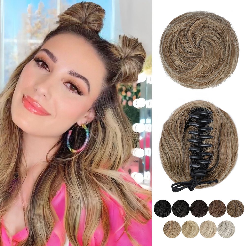 BOGSEA Space Buns Hair Pieces 2PCS Mini Claw Clip in Hair Bun Princess Leia Buns Hair Extension Updo Hairpieces for Women Girls(Mix Blonde)