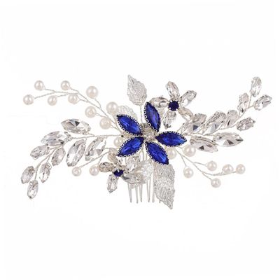 SHITOOMFE Bridal Sapphire Crystal Hair Comb Pearl Blue Crystal Leaf Marquise Hair Piece Prom Party Festival Wedding Hair Accessories for Women and Girls (Silver) Snap Clips