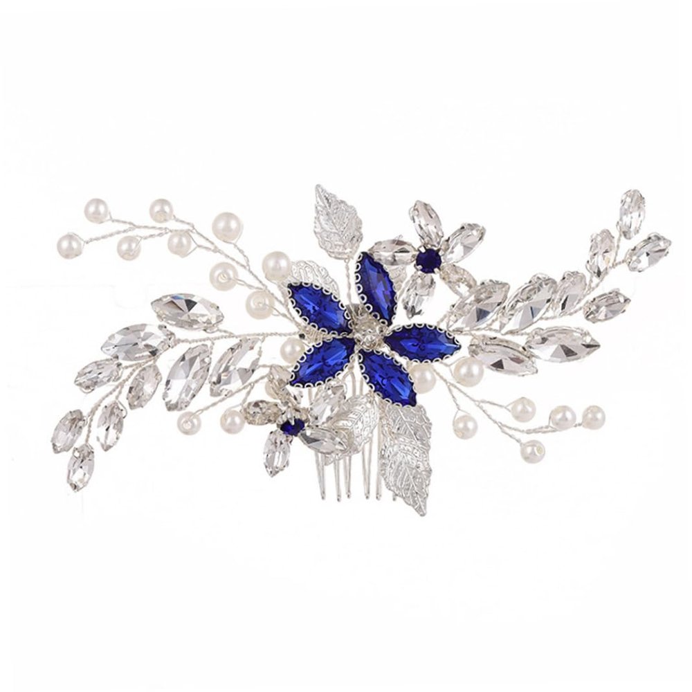 SHITOOMFE Bridal Sapphire Crystal Hair Comb Pearl Blue Crystal Leaf Marquise Hair Piece Prom Party Festival Wedding Hair Accessories for Women and Girls (Silver) Snap Clips