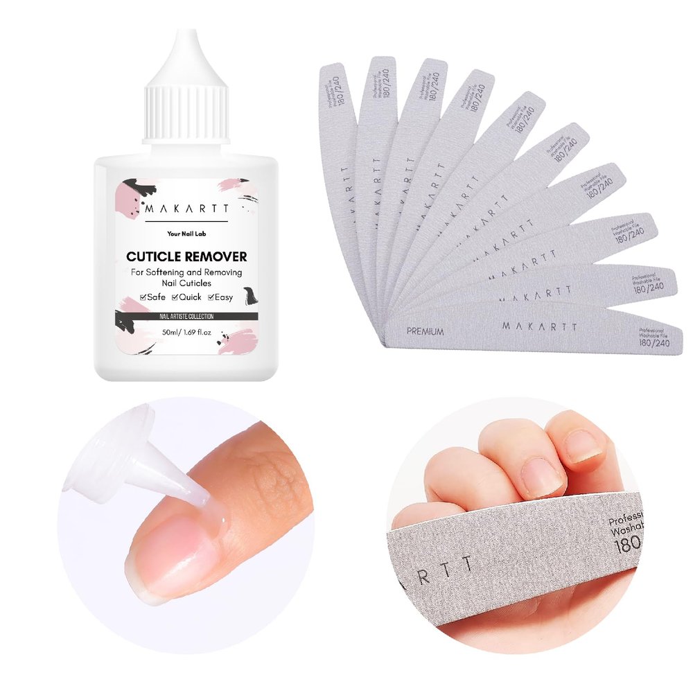 Makartt Nail File 180 240 Grit Doubled Sides Nail Files for Acrylic Nails Bundle with Cuticle Remover Liquid, 50ml Cuticle Softener, Professional Instant Cuticle Cream