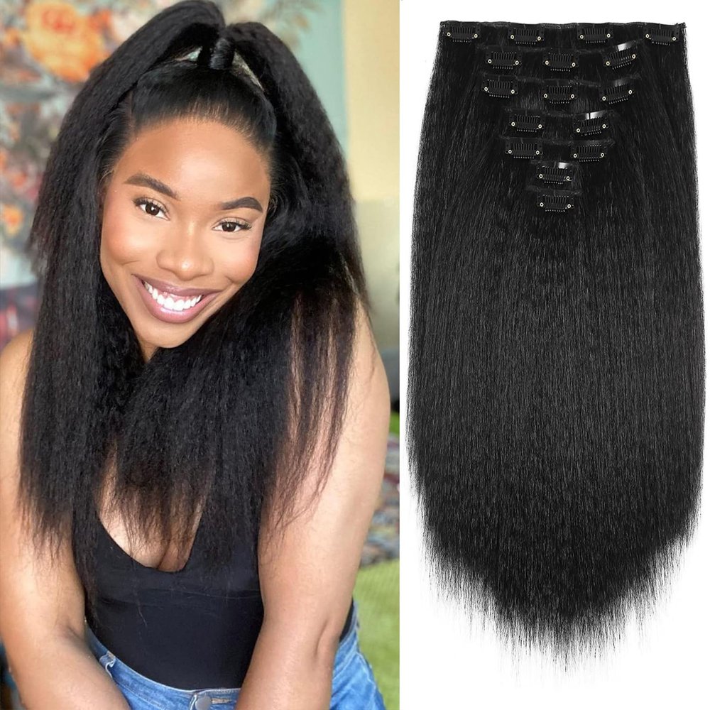 Yargel Hair 18 Inch 2 Pack Kinky Straight Clip in Hair Extensions for Black Women Yaki Straight Clip ins Full Head Seamless Synthetic Hair Pieces(14 Pcs/Set 32 Clips)