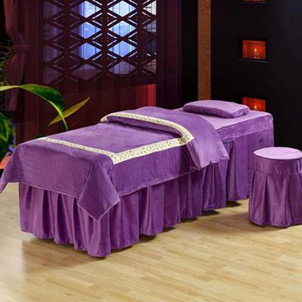ERoomQ Massage Table Skirt Bed Cover with Hole, Coral Velvet Beauty Bed Cover Four-Piece Crystal Velvet Winter Warm High-end Home Simple Luxury Massage Bed Sleeve (Purple 70 * 190cm)