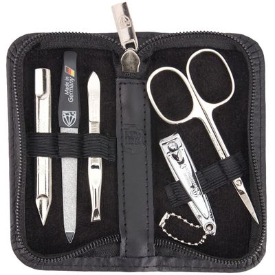 3 Swords Germany - brand quality 5 piece manicure pedicure grooming kit set for professional finger & toe nail care scissors clipper genuine leather black case in gift box, Made in Germany