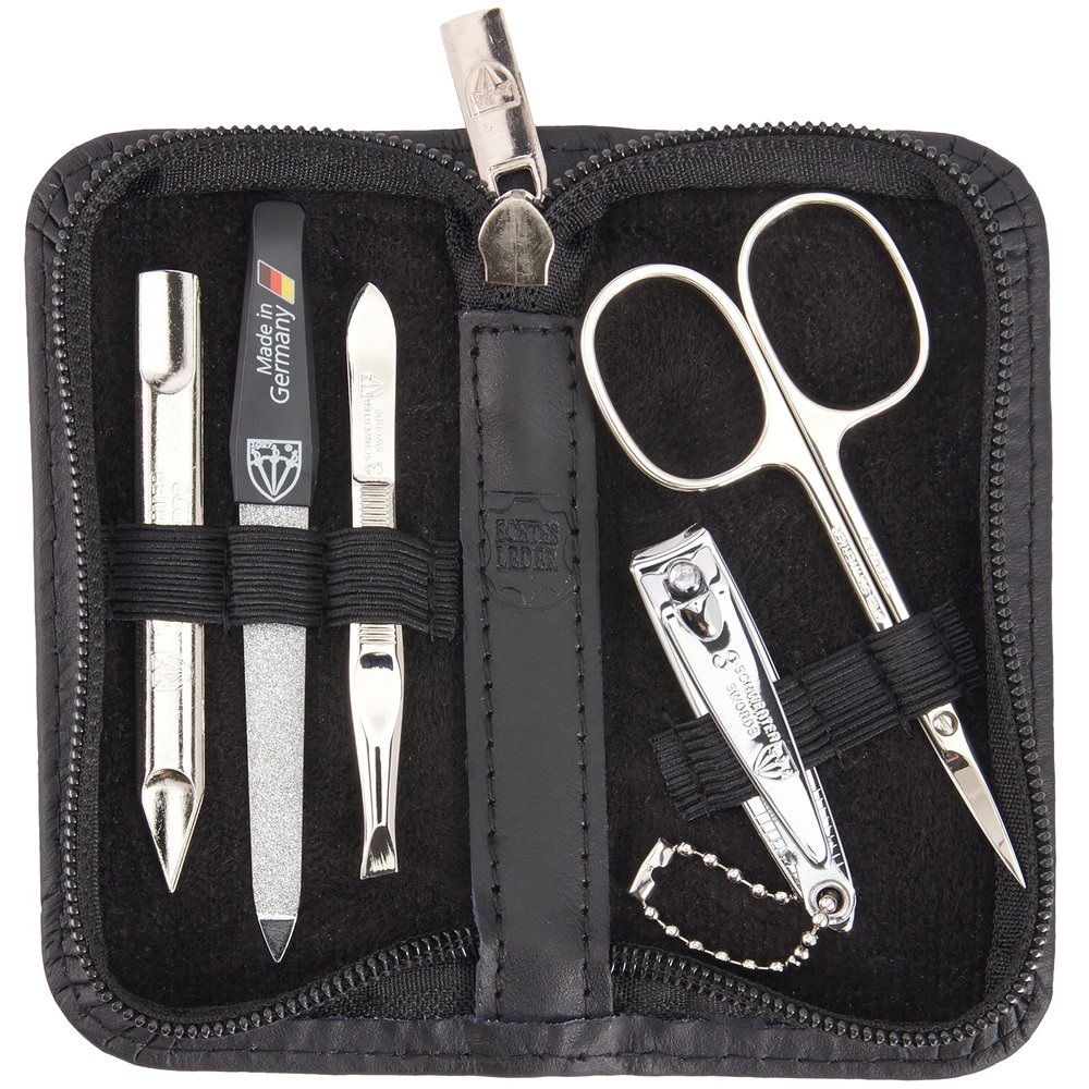 3 Swords Germany - brand quality 5 piece manicure pedicure grooming kit set for professional finger & toe nail care scissors clipper genuine leather black case in gift box, Made in Germany