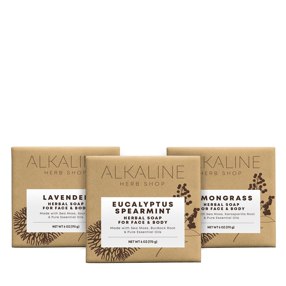 Alkaline Herb Shop Clear Skin Bundle - Sea Moss, Burdock Root, Eucalyptus and Spearmint Soap - Sea Moss, Lavender and Soursop Soap - Sea Moss, Sarsaparilla and Lemongrass Soap