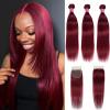 Realloves 99J Burgundy Wine Red Straight Bundles with 4x4 HD Lace Closure 3 Bundles 10A Brazilian Raw Remy Hair Colored Virgin Human Hair Extensions, Free Part 16 18 20+16 Inch view 1