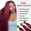 Realloves 99J Burgundy Wine Red Straight Bundles with 4x4 HD Lace Closure 3 Bundles 10A Brazilian Raw Remy Hair Colored Virgin Human Hair Extensions, Free Part 16 18 20+16 Inch view 4