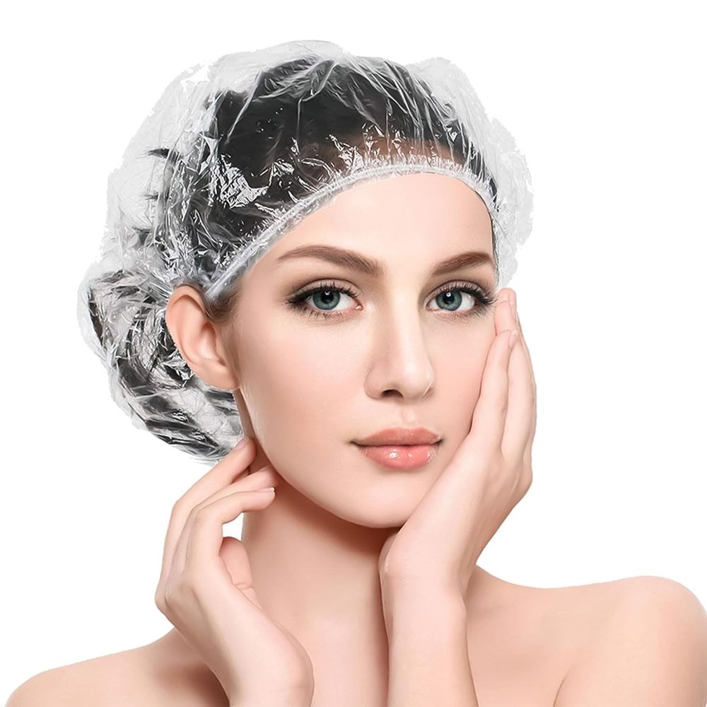 Ortarco 100PCS Large Disposable Shower Caps for Women reusable waterproof, 20" Plastic Deep Conditioning Hair Cap for Shower, Multi-use Thick Elastic Clear Shower Cap for Home Salon Hotel and Travel
