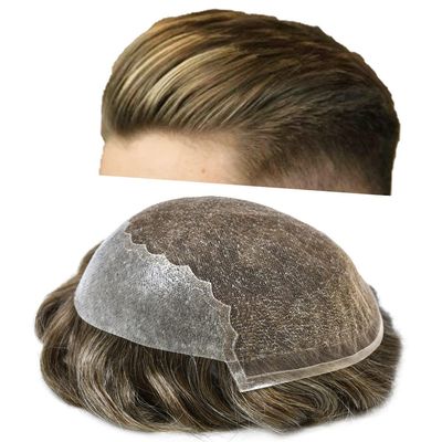 Men Hair System Toupee for Men Hairpiece Mens Toupee French Lace Front Human Hair Replacement Hair Prosthesis 8X10"-120% density#540 Medium Light Brown with 40% Gray