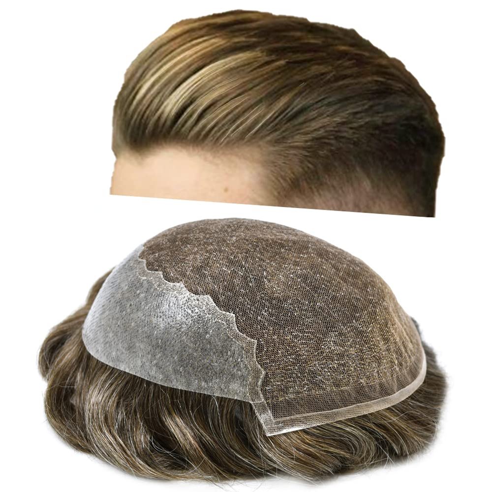 Men Hair System Toupee for Men Hairpiece Mens Toupee French Lace Front Human Hair Replacement Hair Prosthesis 8X10"-120% density#540 Medium Light Brown with 40% Gray