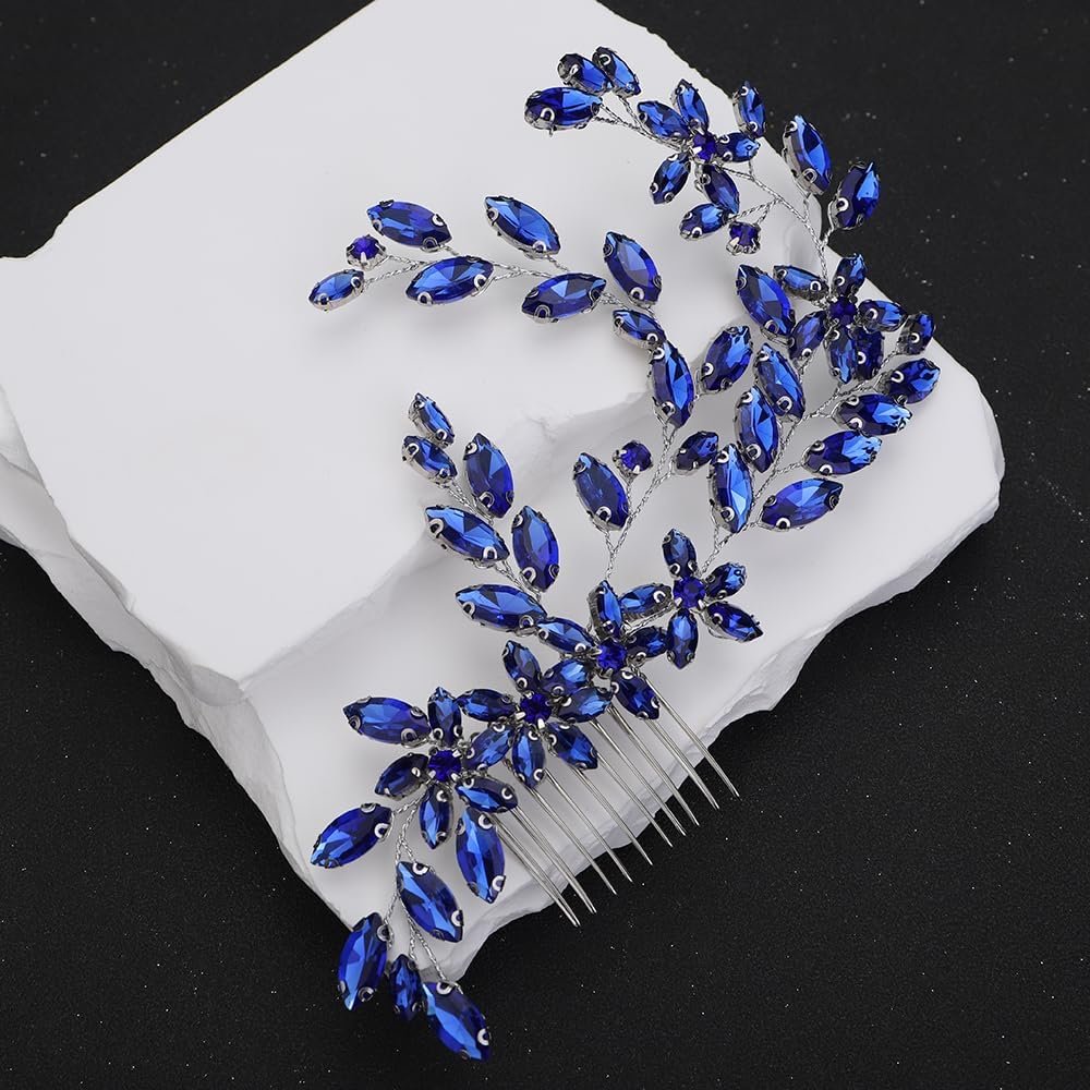 Rumtock Blue Rhinestones Beads Silver Hair Comb Handmade Hair Accessories for Women Girls Special Occasion Jewelry (Blue)