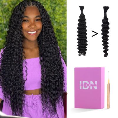 IDN BEAUTY Human Braiding Hair 20 Inch 50g Bulk Boho Hair For Braiding Deep Wave Natural Black Bulk Human Hair For BoHo Braids No Weft 15A Vietnam Virgin Braiding Hair