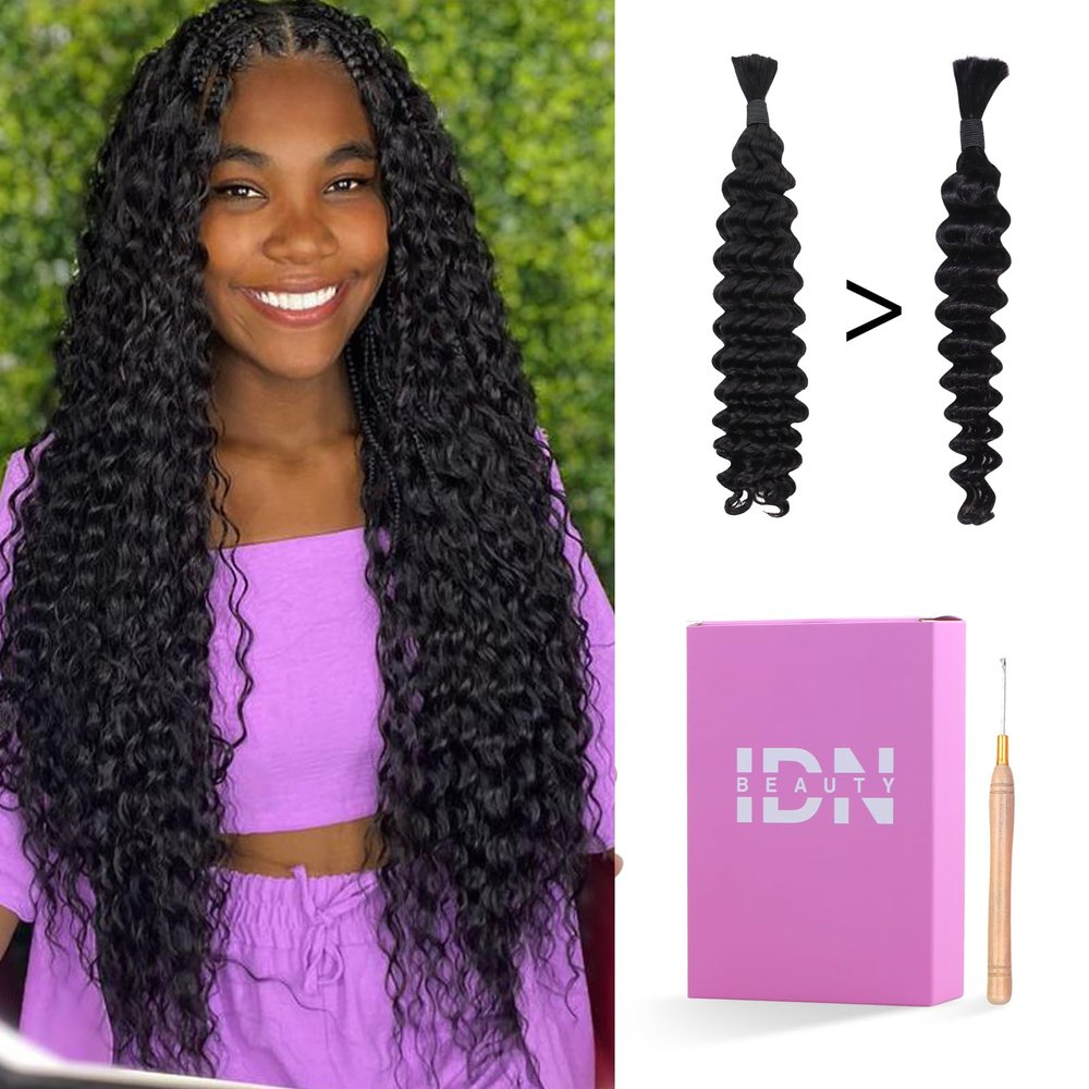 IDN BEAUTY Human Braiding Hair 20 Inch 50g Bulk Boho Hair For Braiding Deep Wave Natural Black Bulk Human Hair For BoHo Braids No Weft 15A Vietnam Virgin Braiding Hair