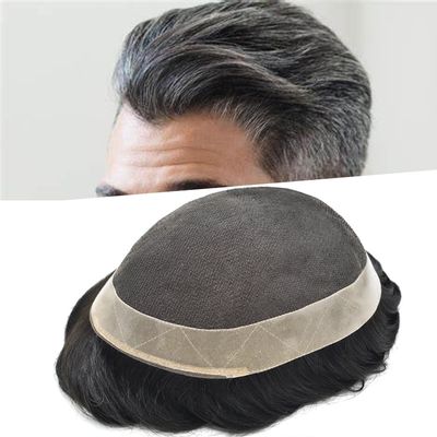 Hair Wonders Toupee For Men Hair Pieces Swiss Lace Real Human Hair Replacement System Mens Toupee Hair Piece Men Hair System Prosthesis For Men8x10 Medium light density #1B40 1B# OFF BLACK+40% GREY