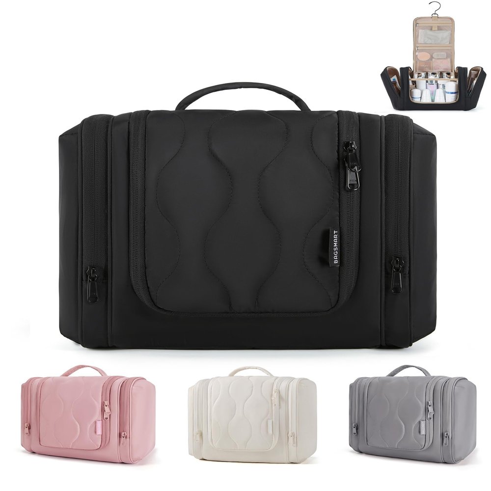 BAGSMART Travel Toiletry Bag for Women, Puffy Hanging Toiletry Bag with Hook, Water-resistant Toiletry Organizer for Full Sized Toiletries, Black