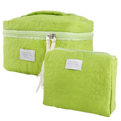 QXUJI 2PCS Large Quilted Makeup Bag, Floral Coquette Cosmetic Bag, Aesthetic Flower Bag, Travel Organized Toiletry Bag, for Women and Ladies, Green, 2 Sizes
