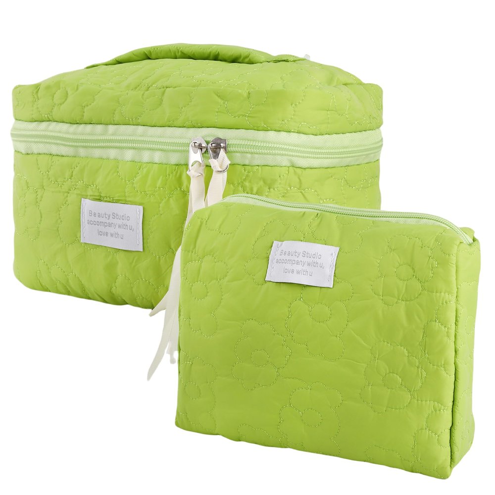 QXUJI 2PCS Large Quilted Makeup Bag, Floral Coquette Cosmetic Bag, Aesthetic Flower Bag, Travel Organized Toiletry Bag, for Women and Ladies, Green, 2 Sizes