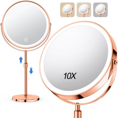 10X Large Lighted Makeup Mirror, Rechargeable 8" Height Adjustable Vanity Mirror, 1x/10x Magnifying Mirror with 3 Color, Brightness Adjustable, 360 Rotation Double Sided Mirror, Ideal Gift(Rose Gold)