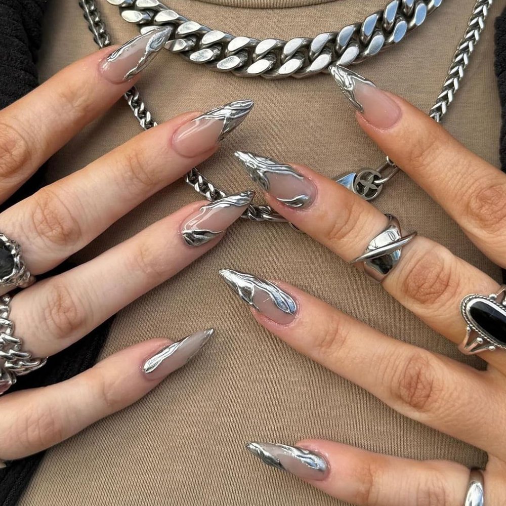 CEWEWP 24 Pcs Almond Press on Nails Medium French Tip Fake Nails Nude False Nails with 3D Silver Nail Charms Designs Glossy Glue on Nails Full Cover Stick on Nails for Women Girls Acrylic Nails