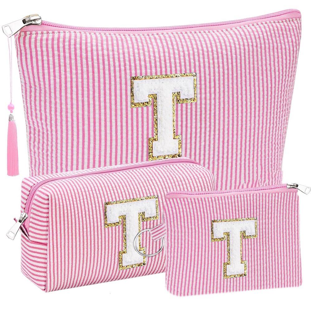 Initial Gifts Travel Cosmetic Makeup Pouch Bags Sets for Purse, 3pcs Stoney Clover Dupes Pouch Makeup Bag, Personalized Cosmetic Bags Set for Women, Make up Bag for Teen Girls 13 14 15 16 17 (T, Pink)
