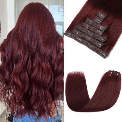 Clip in Hair Extensions Real Human Hair Burgundy Red 18 20 Inch Bundle