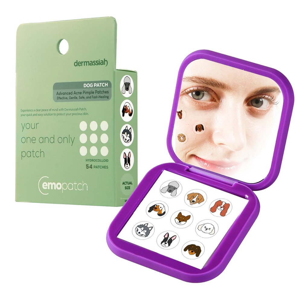 EMO PATCH Acne Pimple Patches for Face 54 Count with Mirror Case for Day & Night Use - Hydrocolloid Pimple Pads, Emoji-Themed Blemish Dots, Clear Skin Treatment (Dog)