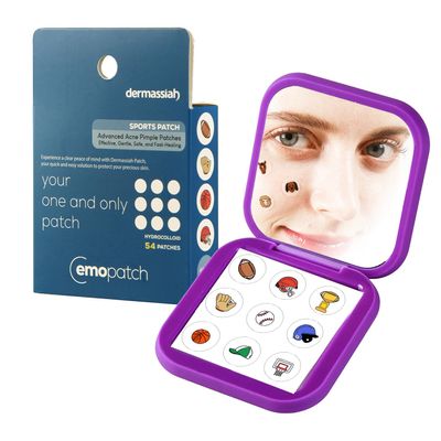 EMO PATCH Acne Pimple Patches for Face 54 Count with Mirror Case for Day & Night Use - Hydrocolloid Pimple Pads, Emoji-Themed Blemish Dots, Clear Skin Treatment (Sports)