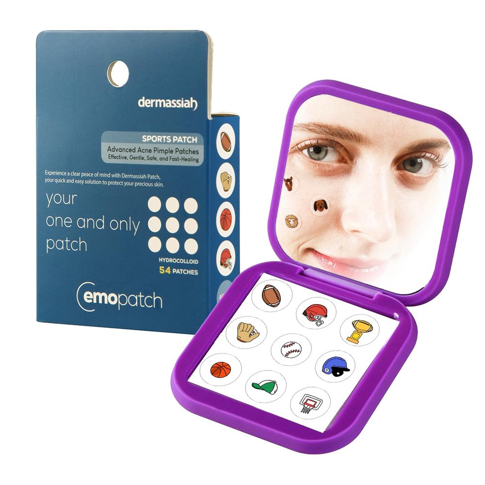 EMO PATCH Acne Pimple Patches for Face 54 Count with Mirror Case for Day & Night Use - Hydrocolloid Pimple Pads, Emoji-Themed Blemish Dots, Clear Skin Treatment (Sports)